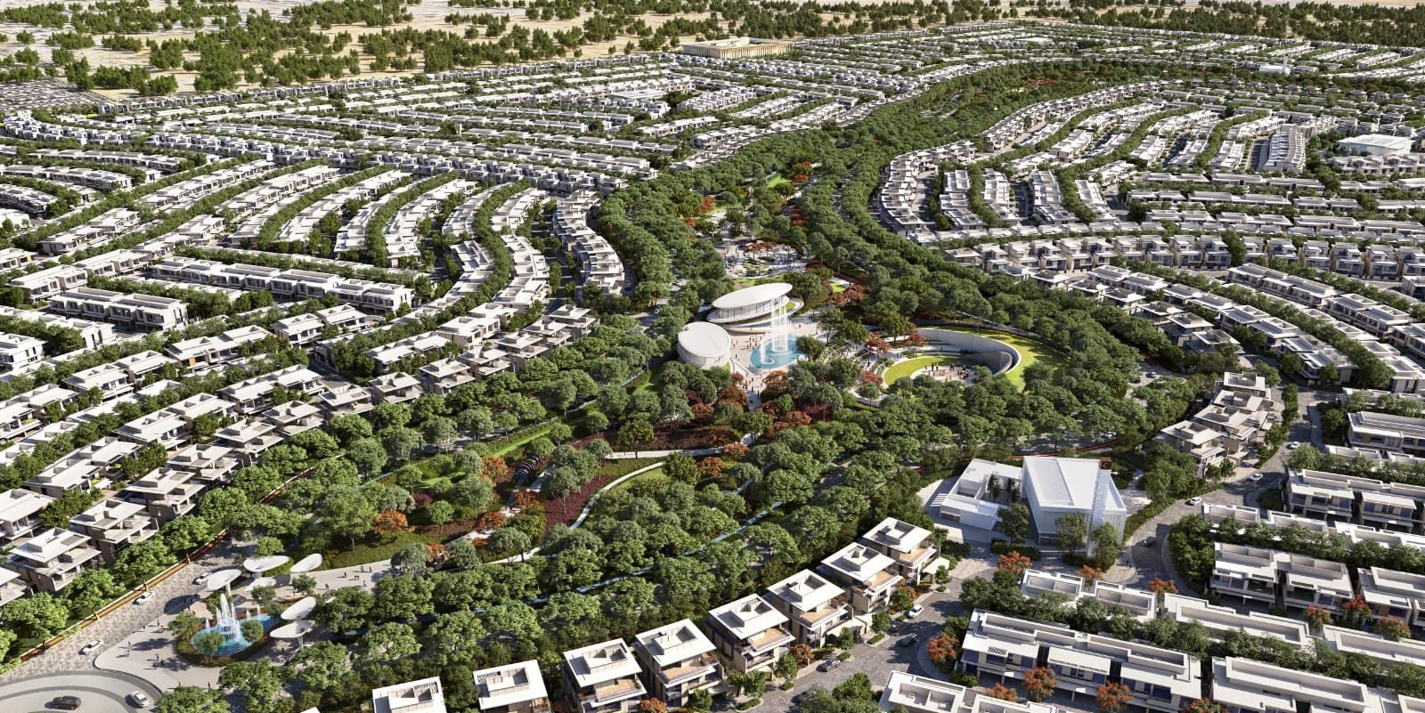 Aerial view across the Azizi Florence clusters, with clubhouses and swimming pools among the homes.