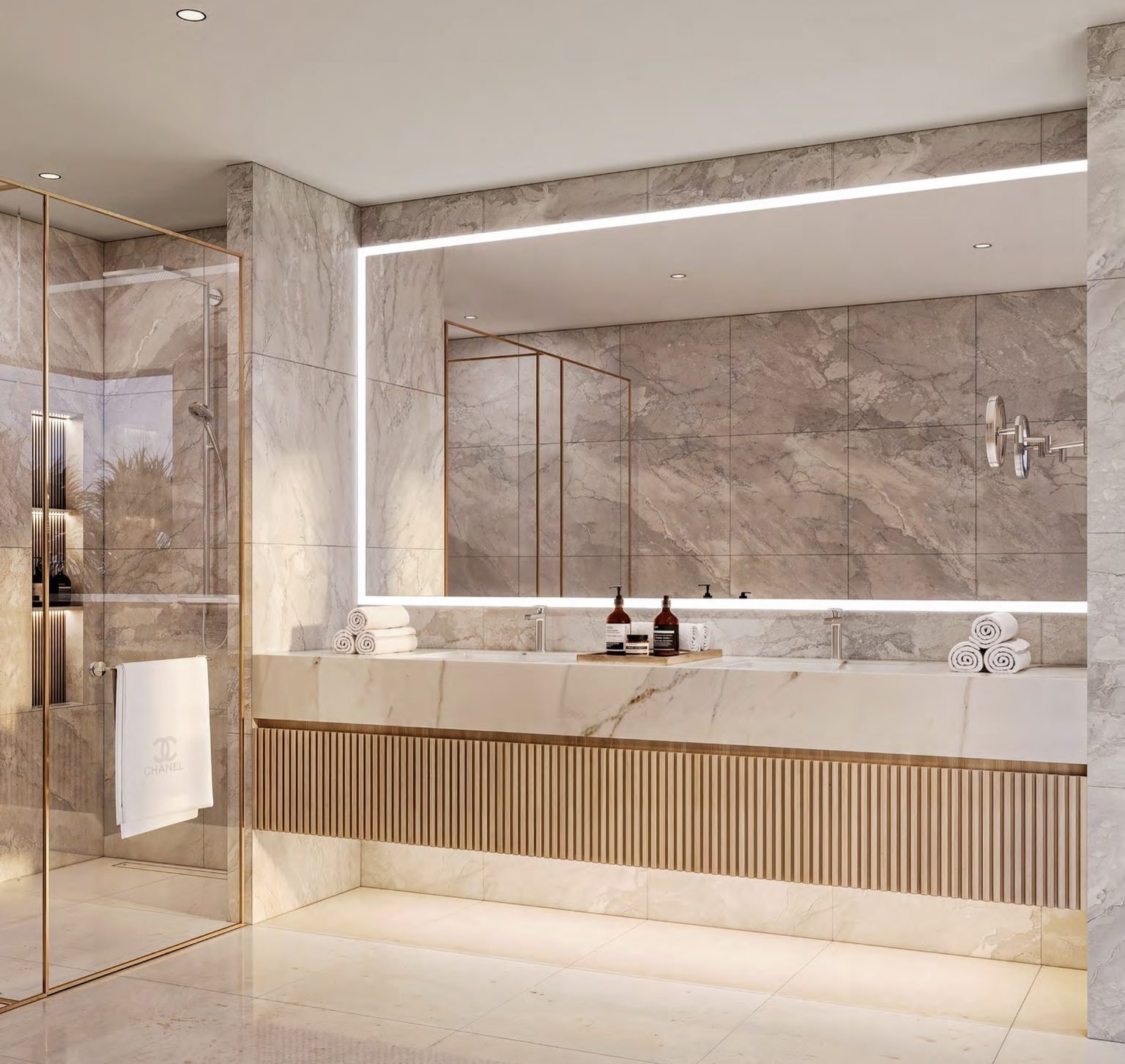 Marble ensuite bathroom in an Azizi Florence residence.