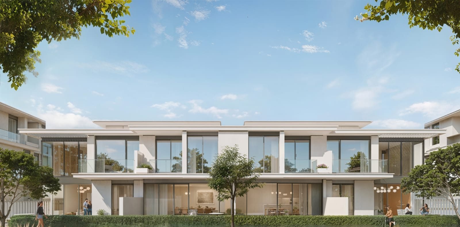 A row of low-rise Azizi Florence townhouses facing landscaped gardens.